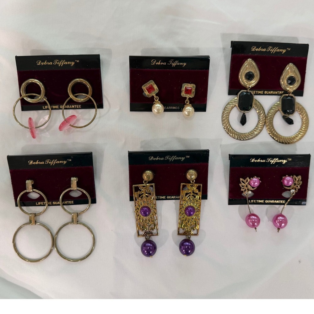 Vintage 1980s Debra Tiffany Earrings Lot of 6 Gold Tone Statement Dangle NOS